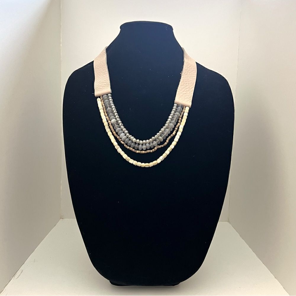 Multi Layered Semi Precious Stone Beaded Leather Strap Necklace, Tan/Grey